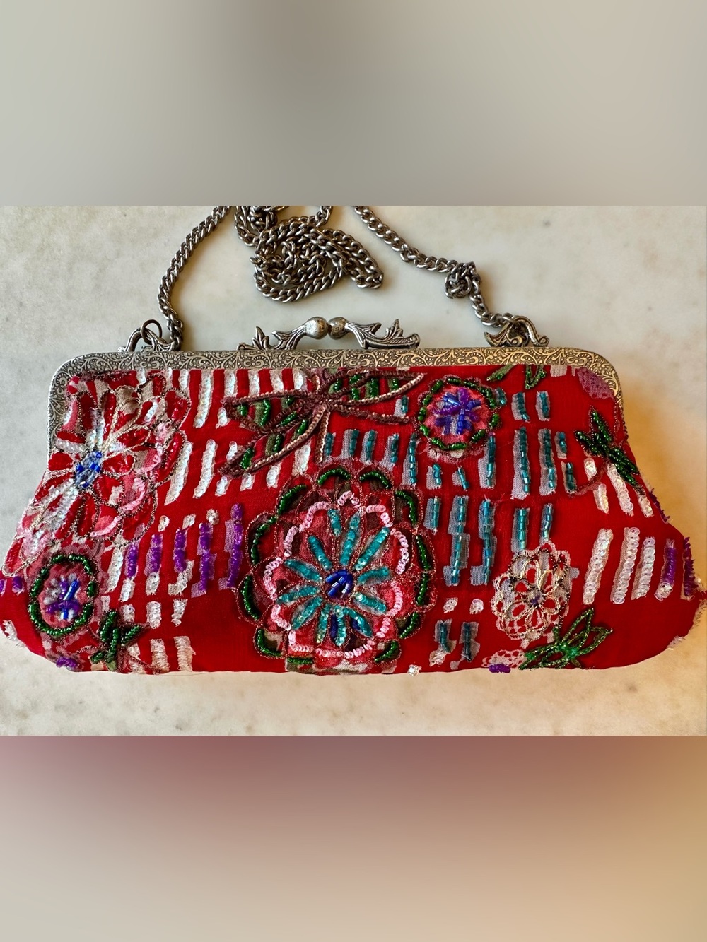 Christiana 90s VTG Red Sequin Silk Embroidered Clutch w Chain